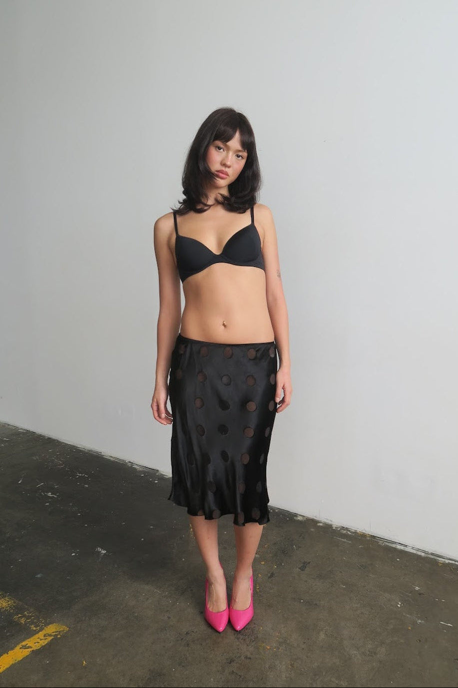 Silk Polka Midi Skirt - Black