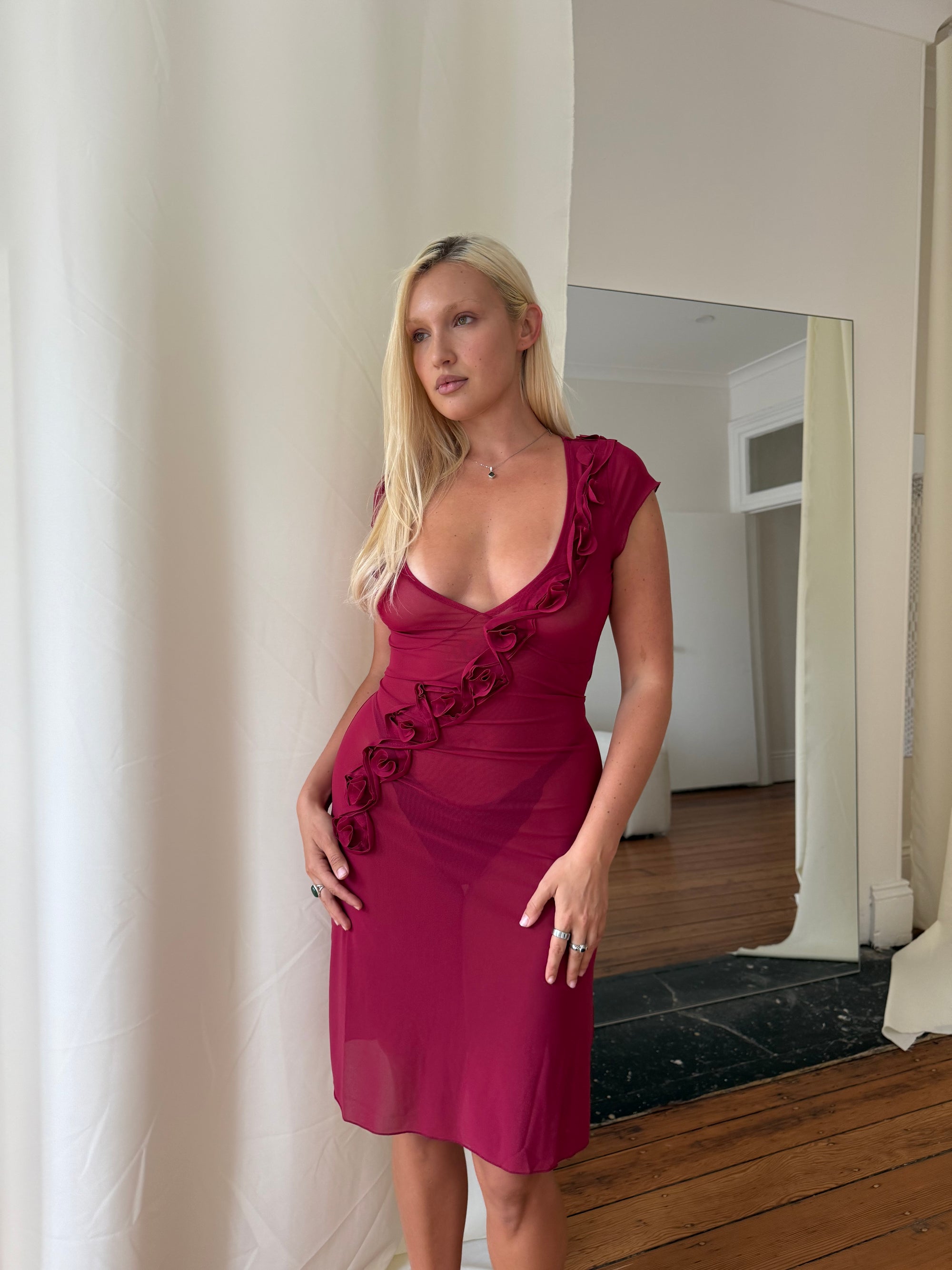 Rosette Midi Dress - Wine PREORDER