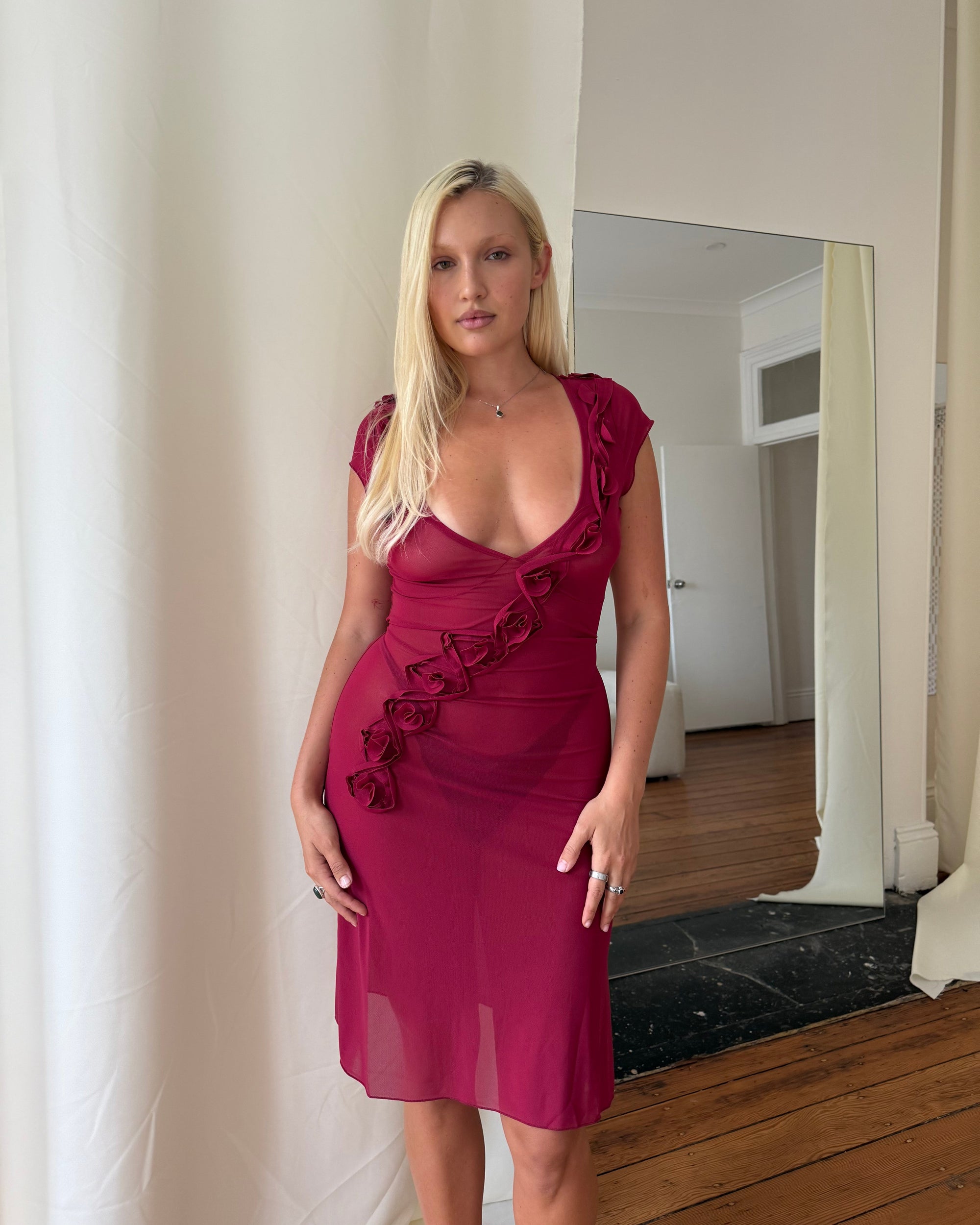 Rosette Midi Dress - Wine PREORDER